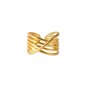 Gold wave crossover ring with intertwined bands and an open-ended design on a white background