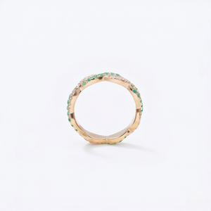 14K yellow gold ring with lab-created emeralds and diamonds in a continuous band design