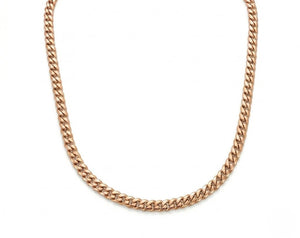 Miami Cuban link necklace in rose gold, 5mm chain, on white background.