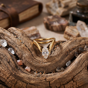 Gold marquise ring on twisted wood with scattered gemstones in a rustic setting