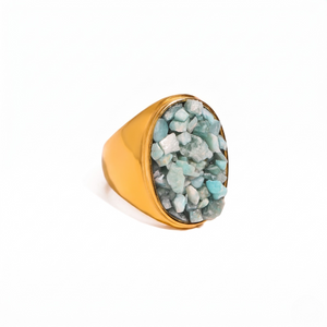 Gold ring with raw blue-green quartz gemstones, oval design
