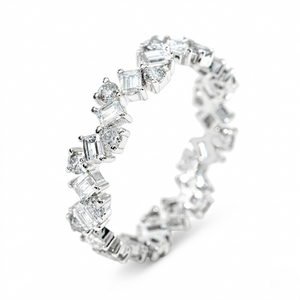 18K white gold lab diamond ring with alternating baguette and round diamonds in a crisscross pattern