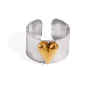 Silver band ring with gold heart accent design, minimalist style, J.Collins Jewelry