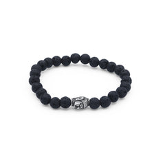 Black beaded bracelet with a silver Buddha charm on a white background-J.Collins Jewelry
