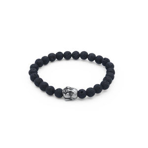 Black beaded bracelet with a silver Buddha charm on a white background-J.Collins Jewelry