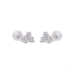 Front and side profile view of a three-stone diamond cluster stud earring in white gold or sterling silver | J.Collins Jewelry