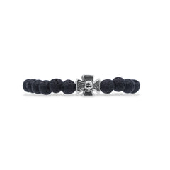 Black beaded bracelet with a silver cross and skull design on a white background-J.Collins Jewelry