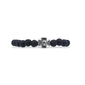 Black beaded bracelet with a silver cross and skull design on a white background-J.Collins Jewelry
