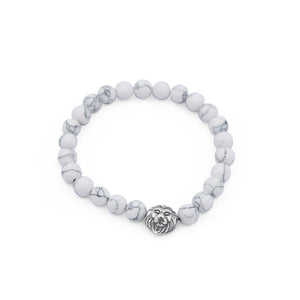 White marble beaded bracelet with a silver lion head charm on a white background-J.Collins Jewelry