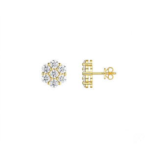 A pair of yellow gold stud earrings, one showing the front view with a cluster of clear gemstones and the other showing the side profile with the post and butterfly back, set against a plain white background. J. Collins Jewelry