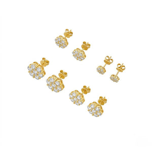 A set of gold stud earrings with clear pavé gemstones, shown in multiple sizes on a plain white background. J. Collins Jewelry