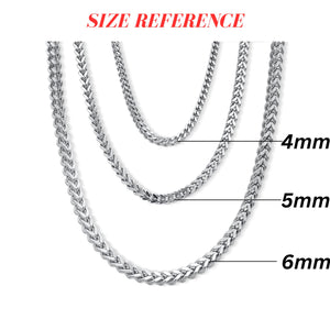 Three silver chain necklaces of different widths with size reference text on a white background-J.Collins Jewelry