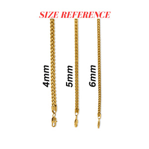 Gold chain necklace with size reference labels on a white background-Signature-Franco-Chain-JCollins-Jewelry