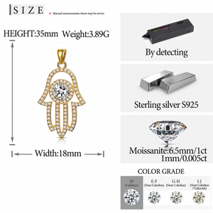 Infographic detailing specifications for gold Hamsa hand pendant including dimensions 35mm height and 18mm width, S925 sterling silver material, and moissanite stones by J.Collins