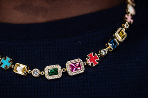Necklace with colorful gemstones on a dark background- MultiColored-Regal-Gem-Chain-JCollins-Jewelry