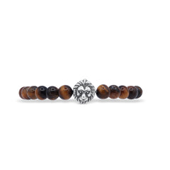 Bracelet with brown beads and a silver lion head charm on a white background-J.Collins Jewelry