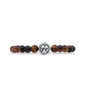Bracelet with brown beads and a silver lion head charm on a white background-J.Collins Jewelry