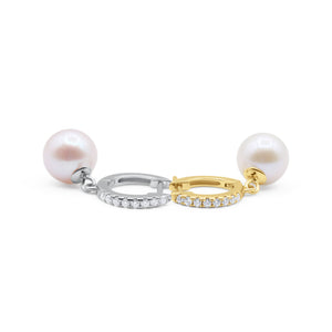 Pair of pearl earrings with gold and silver rings on a white background-Lumiere-Pearl-Hoops-JCollins Jewelry