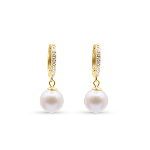 Gold hoop earrings with pearl drops on a white background-Lumiere-Pearl-Hoops-JCollins Jewelry