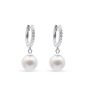 Pair of pearl earrings with diamond accents on a white background-Lumiere-Pearl-Hoops-JCollins Jewelry