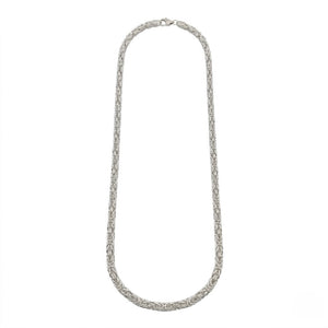 Mesh rope necklace in silver-toned metal with intricate braided design shown on a plain white background