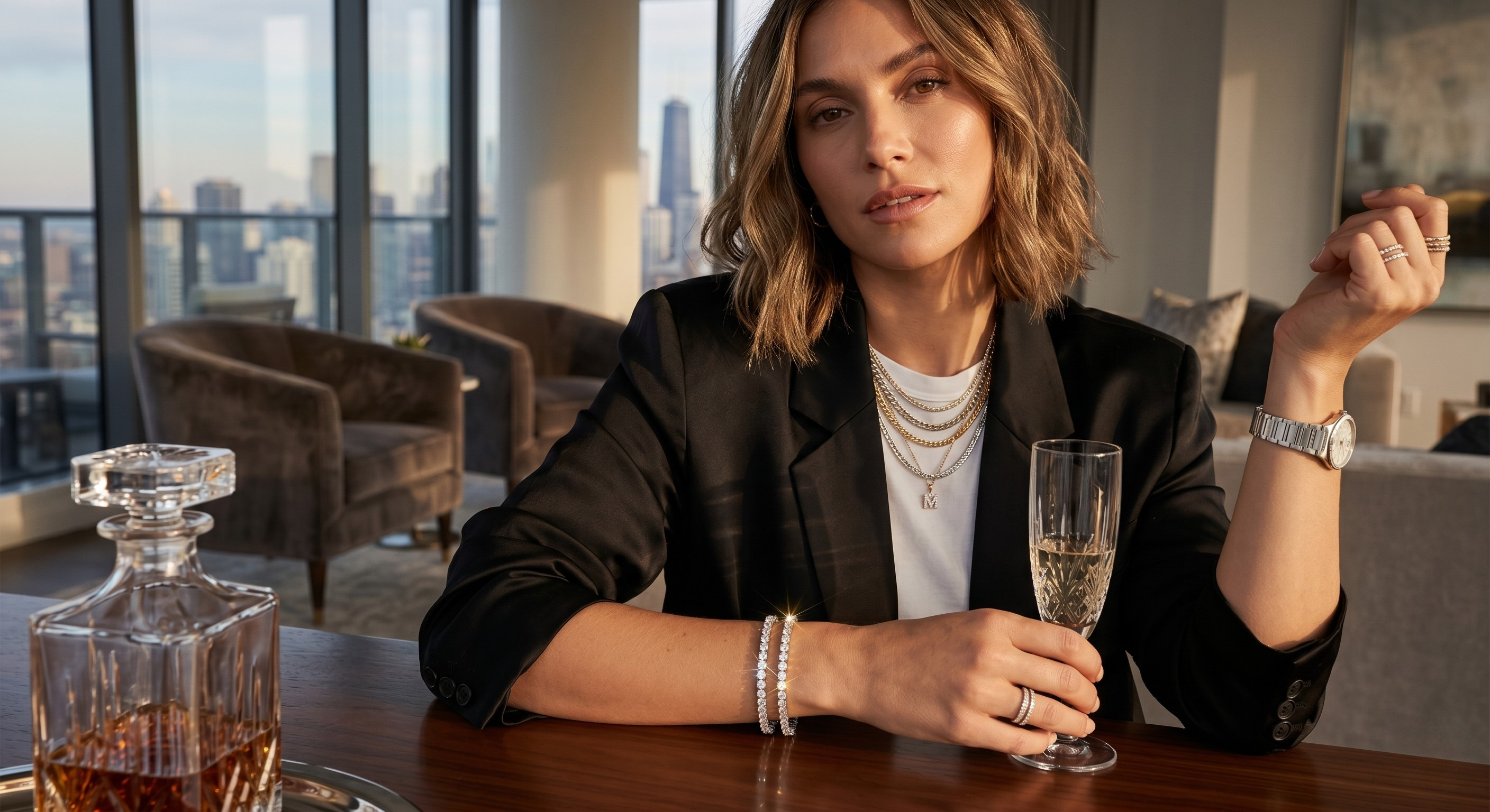 Model wearing 2mm round moissanite tennis gold bracelet, black blazer, holding a glass in a high-rise apartment setting.