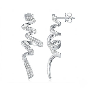 A pair of silver spiral drop earrings adorned with pavé-set clear stones, shown from both front and side angles on a white background. J. Collins Jewelry