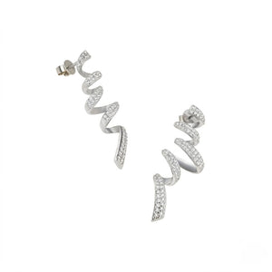 A pair of silver spiral drop earrings paved with small clear stones, shown on a plain white background. J. Collins Jewelry