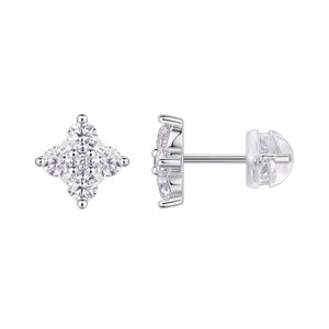 Sterling silver moissanite stud earrings showing front and side profile views. J.Collins Jewelry