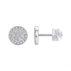 Front and side view of silver love knot stud earrings showing pavé detail and secure push-back closure - J.Collins Jewelry