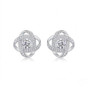 Sterling silver love knot stud earrings with round cubic zirconia halo pavé setting - J.Collins Jewelry