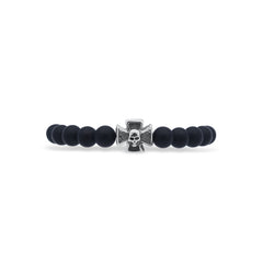 Black beaded bracelet with a silver skull charm on a white background-J.Collins Jewelry