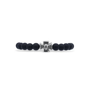Black beaded bracelet with a silver skull charm on a white background-J.Collins Jewelry