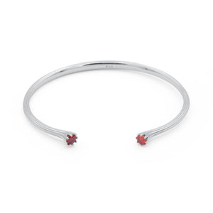 Silver bracelet with red gemstones on a white background - Valora Cuff - JCollins Jewelry