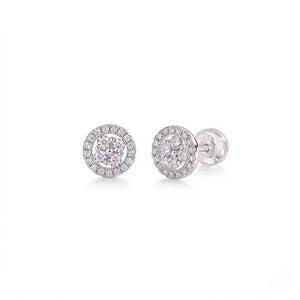 Front and side view of round halo cluster stud earrings showing pavé setting and secure push-back closure - J.Collins Jewelry