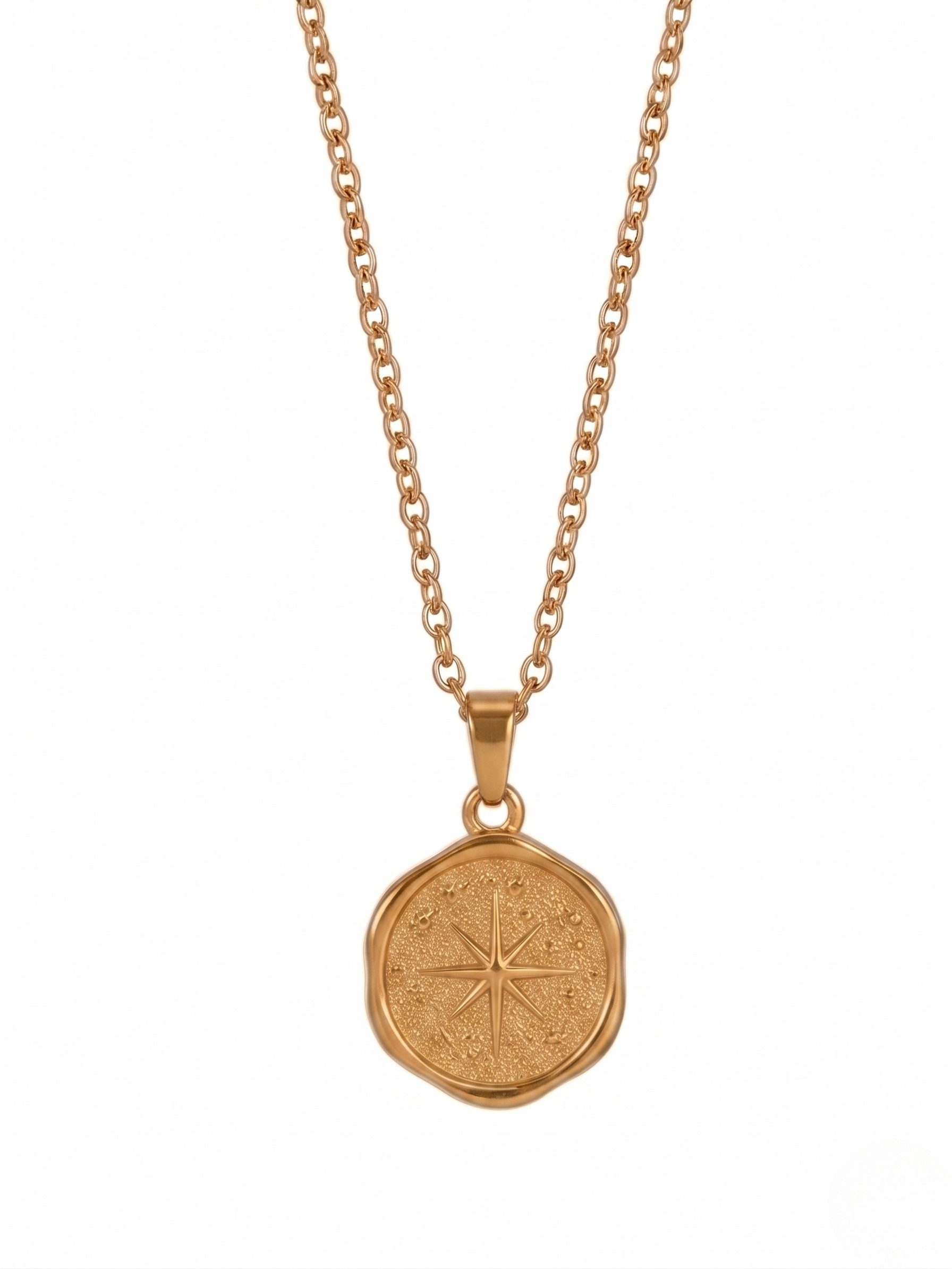 Gold Voyager Coin Pendant on chain with compass design, featuring a textured finish, by J.Collins Jewelry.