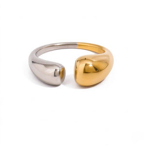 Bi-Tone Steel Ring with silver and gold tones, modern style, asymmetrical open design on white background
