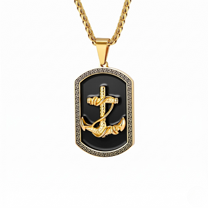 Gold anchor pendant on black enamel with chain, Greek key border, nautical theme, J.Collins Jewelry.