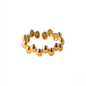 Gold beaded open ring with a rounded design on a white background
