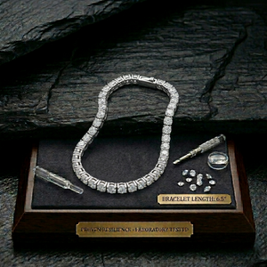 Silver tennis bracelet with small diamonds on display stand, 6.5" length, laboratory tested resilience.
