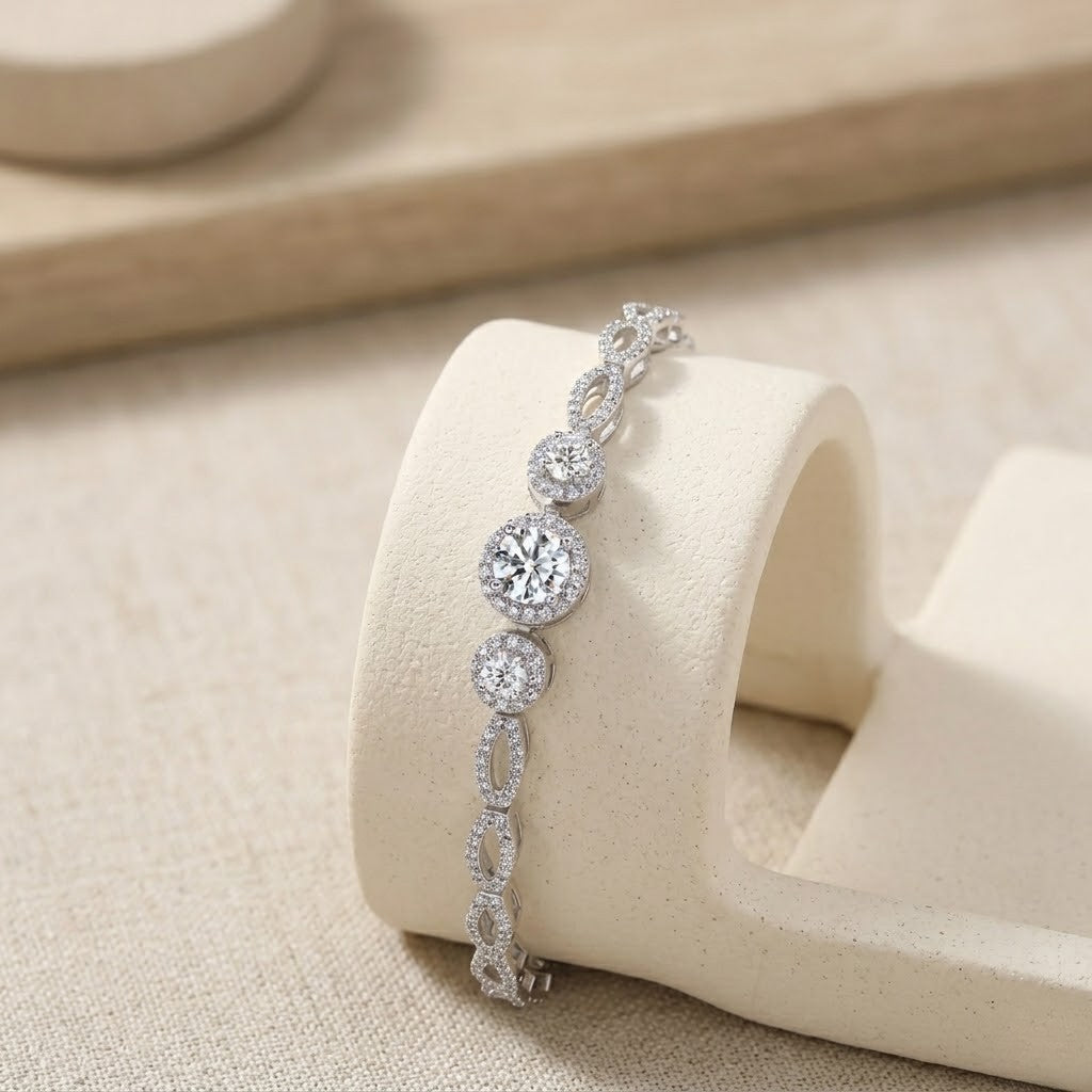 Round Halo S925 Lab Diamonds Tennis Bracelet