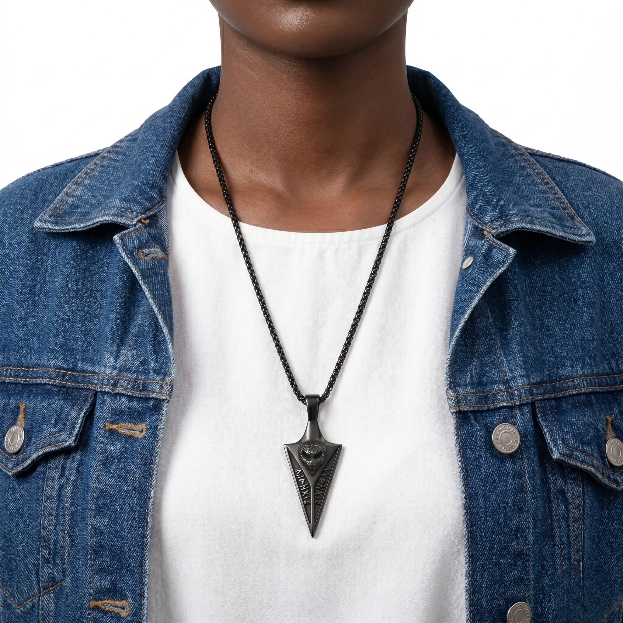 Nordic Totem Pendant on black chain, worn over white shirt and denim jacket