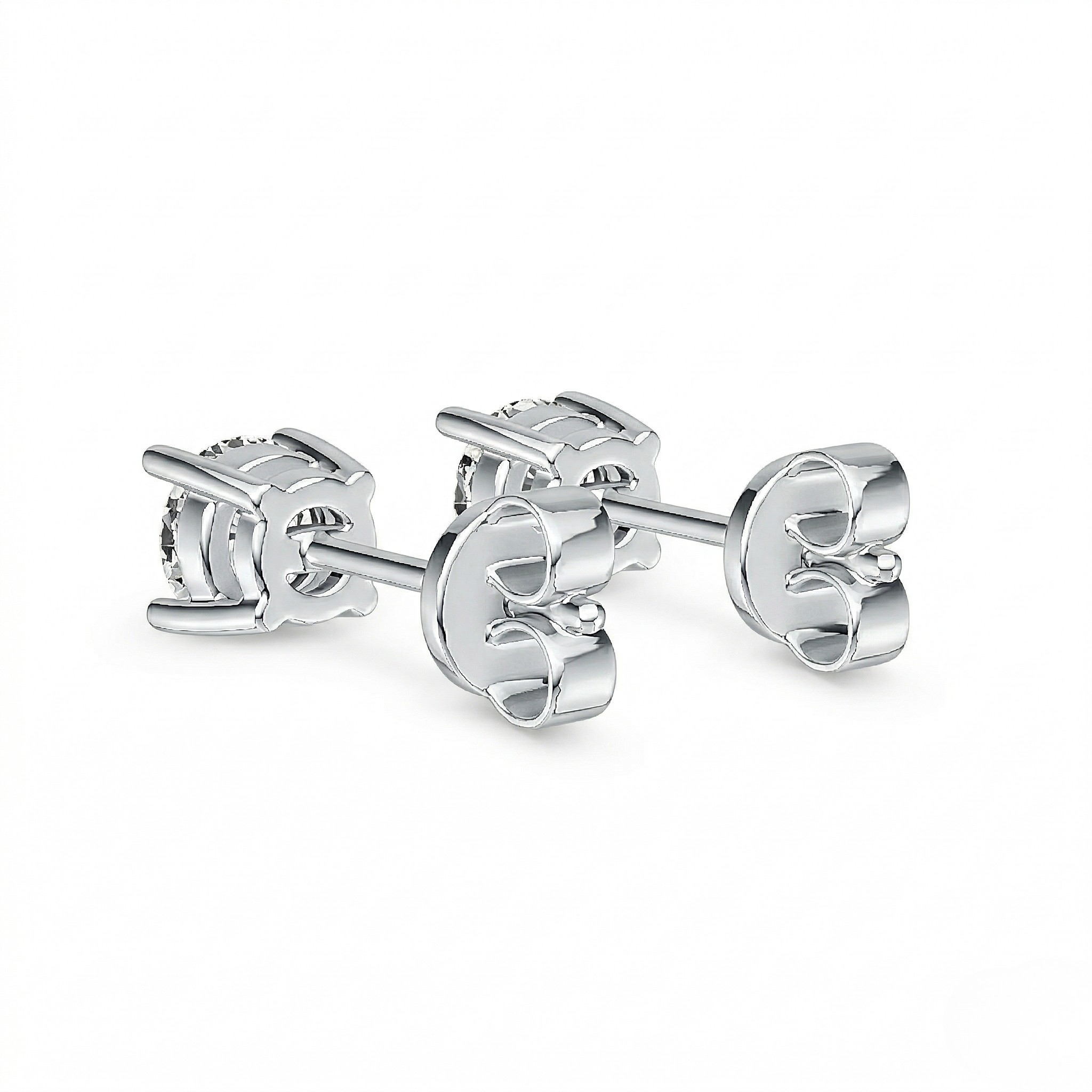 Pair of silver solitaire stud earrings shown from the back to highlight the secure butterfly friction backs and four-prong basket setting. 10K Gold Diamond Earrings 0.418ct - J. Collins Jewelry 