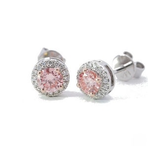 Silver Round Pink Crystal Halo Stud Earrings with White Diamond Surround and Butterfly Backs on White Background - 10K_Rose_Gold_Lab_Diamond_Earrings_0.604ct - J. Collins Jewelry 