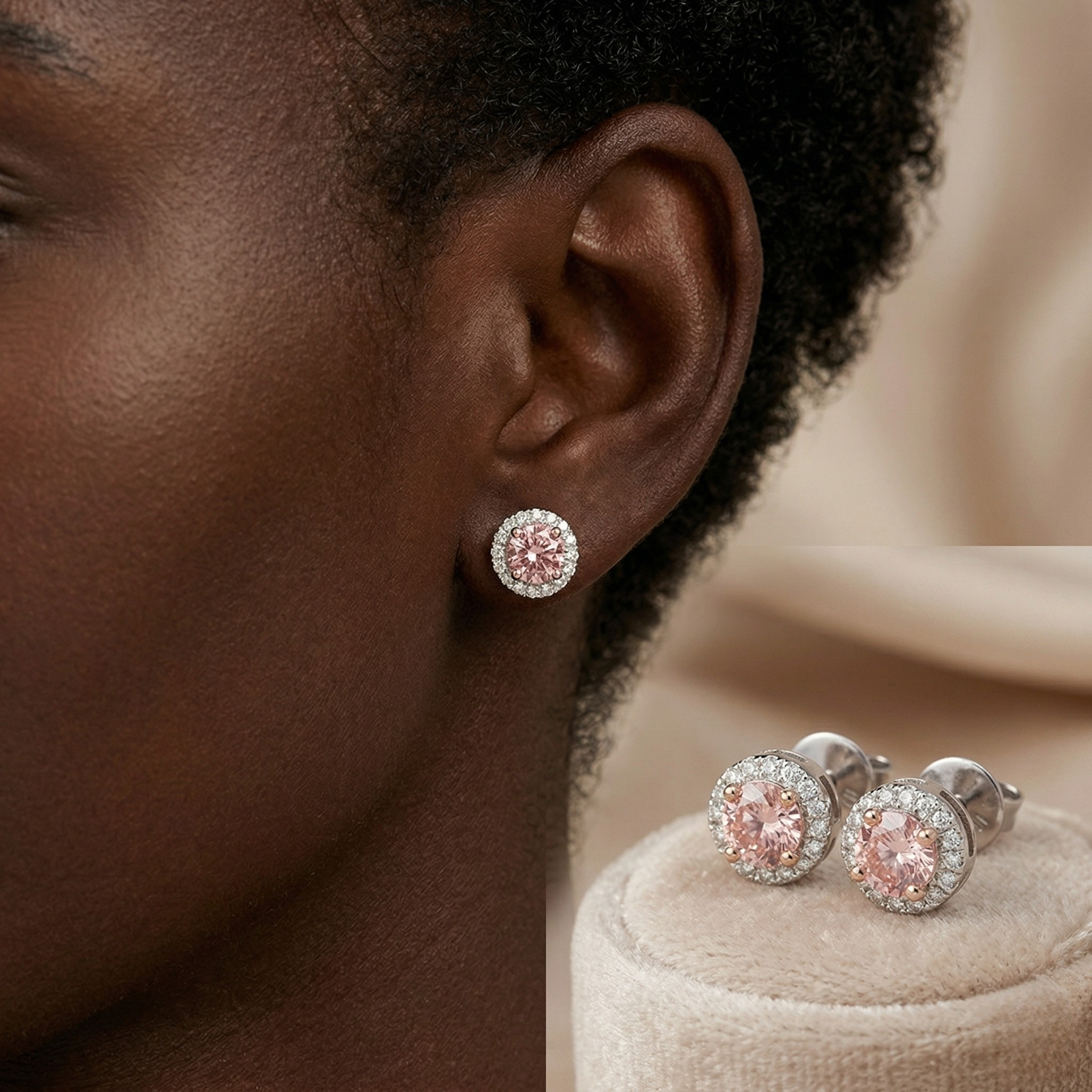 Woman Wearing Silver Pink Round Crystal Halo Stud Earrings with Inset Showing Earrings on Velvet Jewellery Tray - 10K_Rose_Gold_Lab_Diamond_Earrings_0.604ct - J. Collins Jewelry 