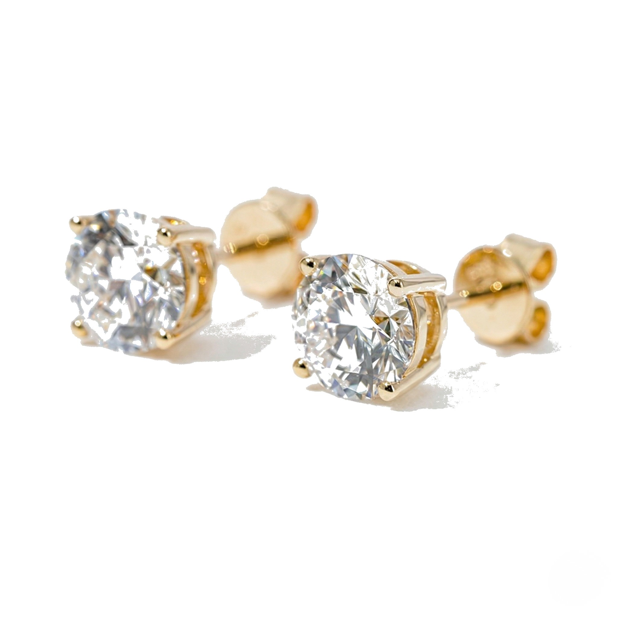 Gold stud earrings with clear gemstones on a white background - 10K Yellow Gold Lab Diamond Earrings Basket 1.1ct - J. Collins Jewelry 