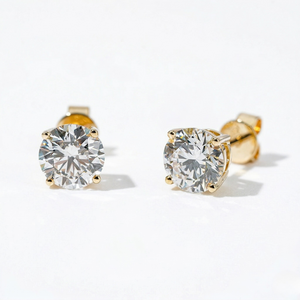 Gold stud earrings with clear gemstones on a white background - 10K Yellow Gold Lab Diamond Earrings Basket 1.1ct - J. Collins Jewelry 