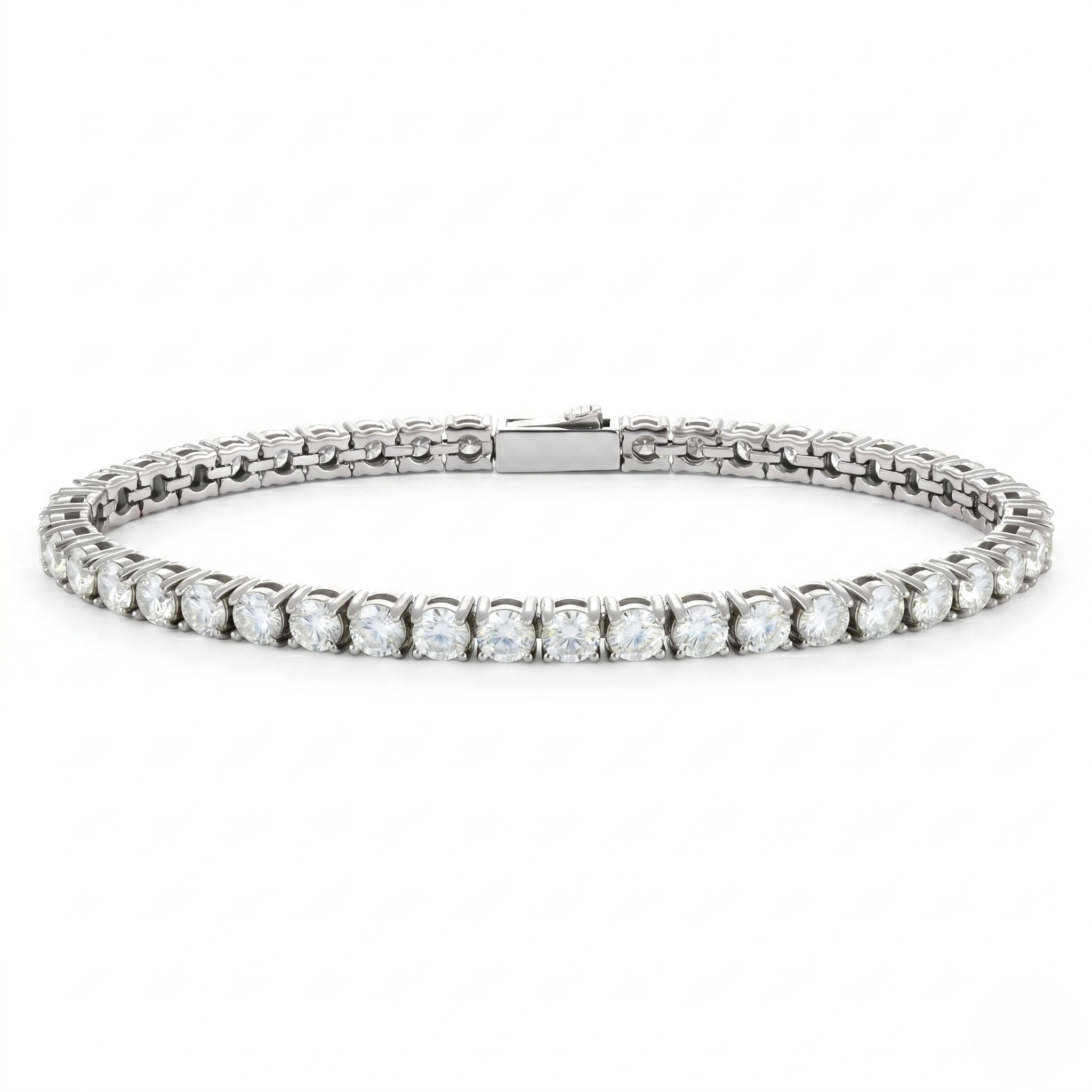 Classic silver tennis bracelet with sparkling 5mm round stones, elegant and timeless design.
