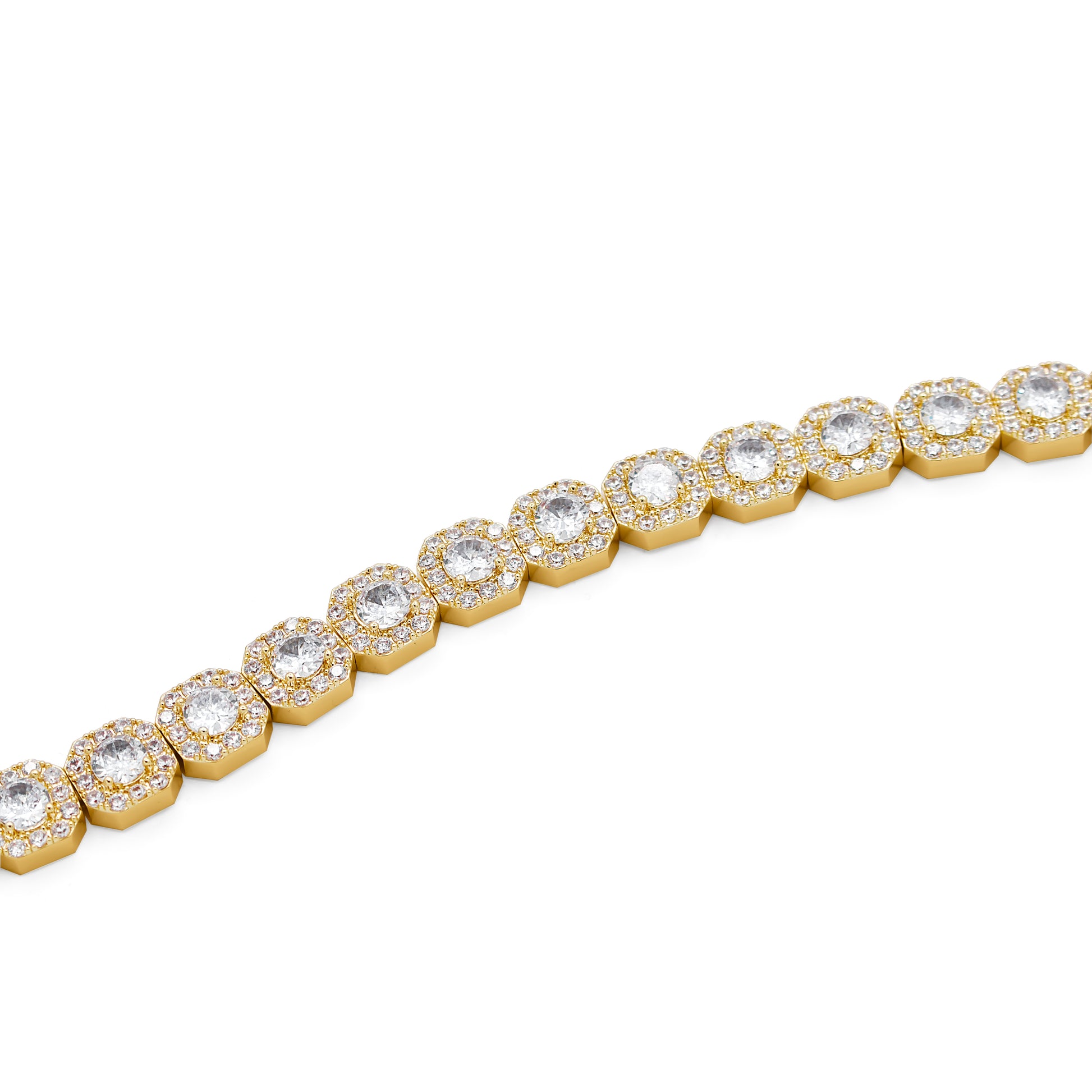 Gold bracelet with clear gemstones on a white background-10mm-Tennis-Chain-J.Collins 