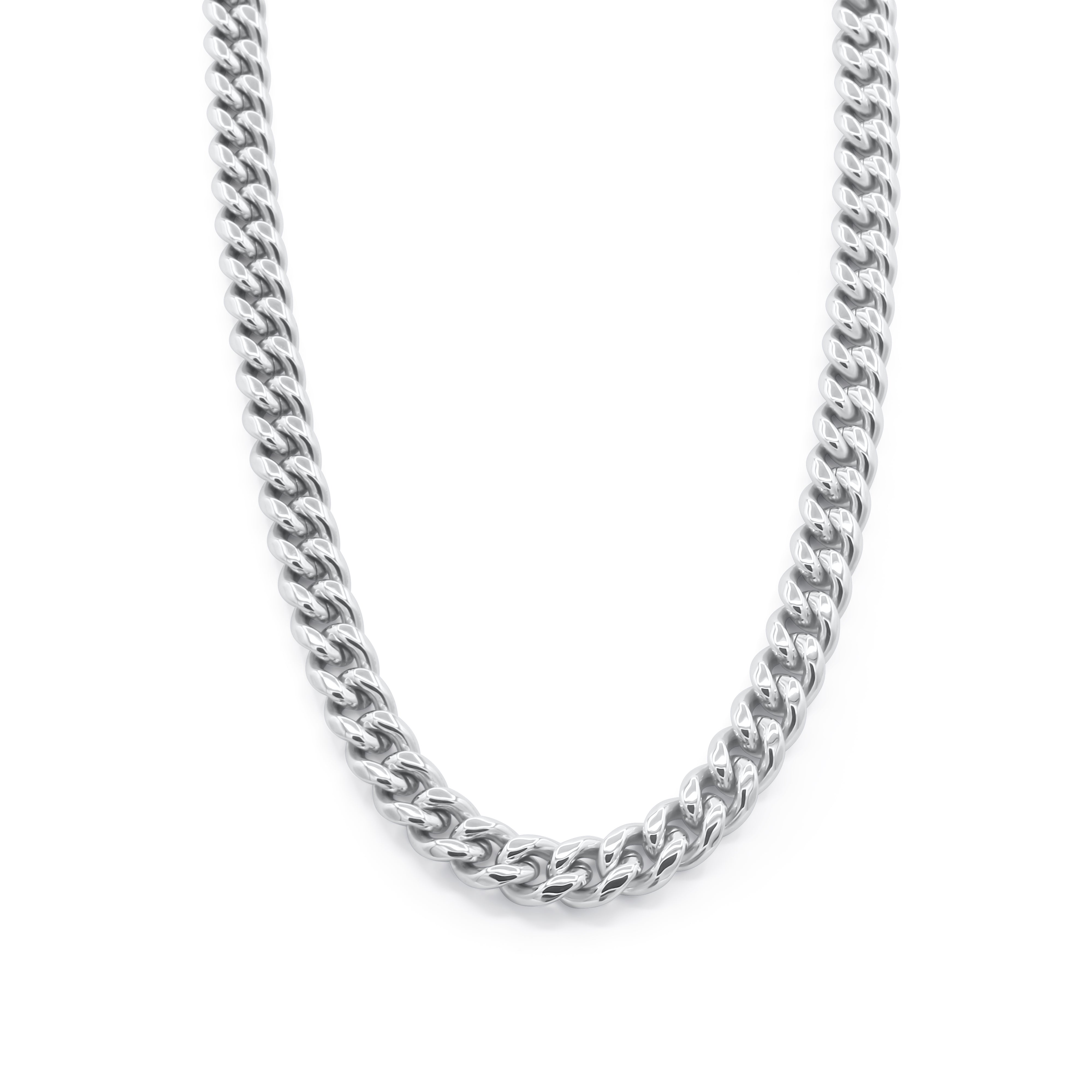 Silver chain necklace on a white background-Iconic-Cuban-Chain-JCollins-Jewelry